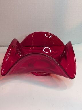 Vintage Viking Handkerchief Bowl Trinket Dish.  Red Orange Art Glass